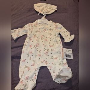 Little Me White Floral Footed One-Piece with Matching Hat